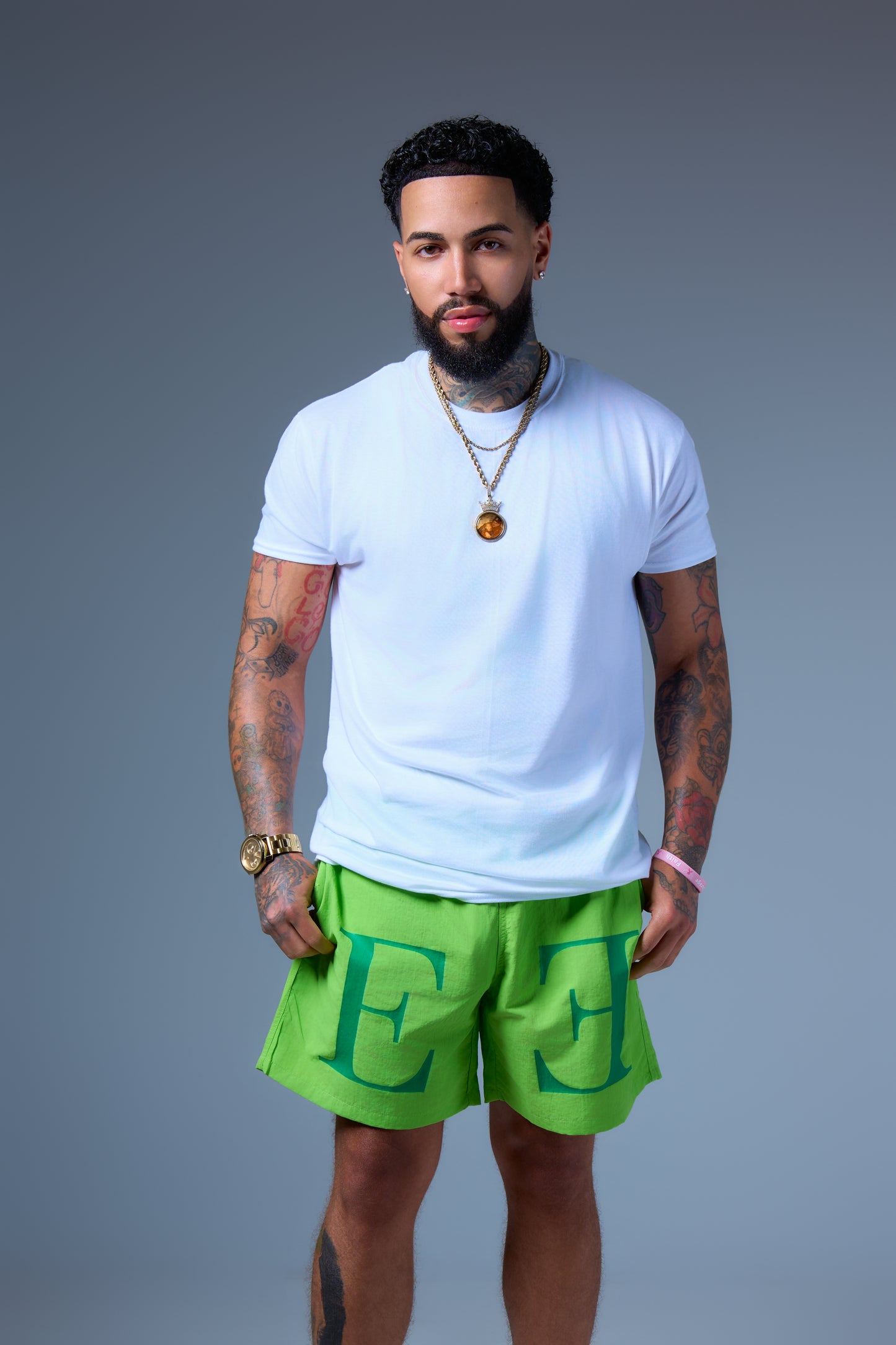Bright Green SHEEP Shorts with Bold 'E' Print