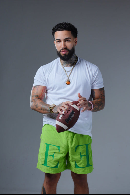 Bright Green SHEEP Shorts with Bold 'E' Print