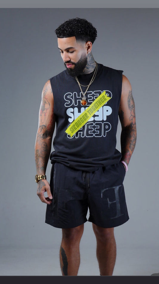 SHEEP Black Graphic Tank Top with Stronger Together Slogan